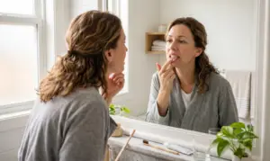 Persona adulta che controlla con cura le proprie gengive davanti allo specchio di un bagno luminoso, espressione leggermente preoccupata, concetto di prevenzione dentale.