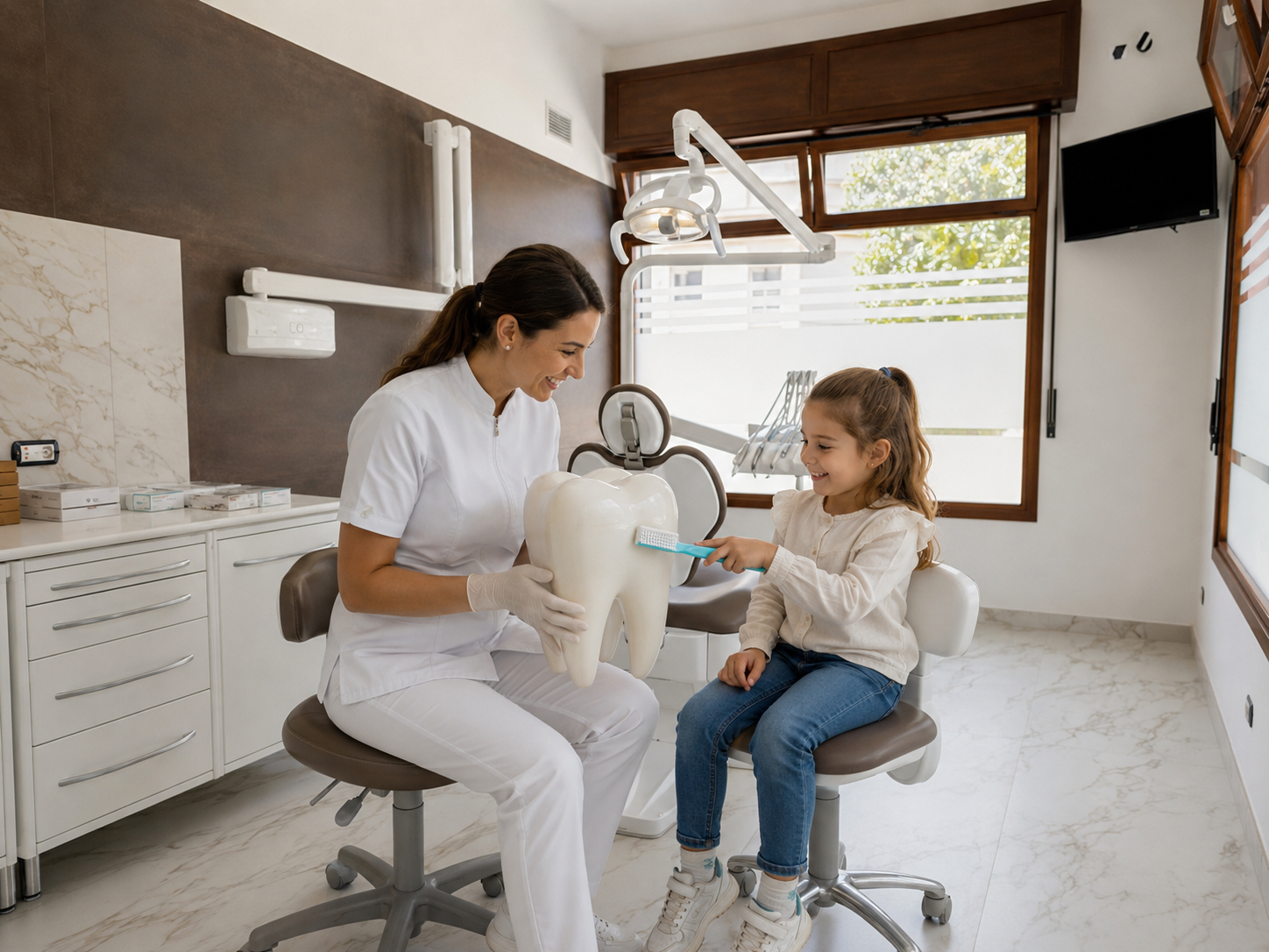 Bambina che impara a lavare i denti durante visita di odontoiatria pediatrica