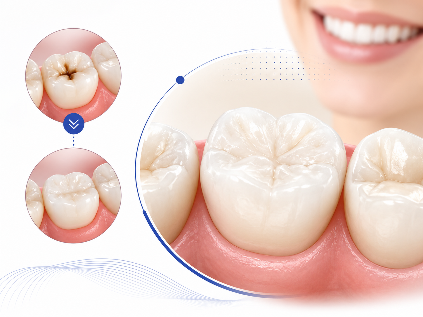 Dente ricostruito con otturazione estetica dopo cura della carie