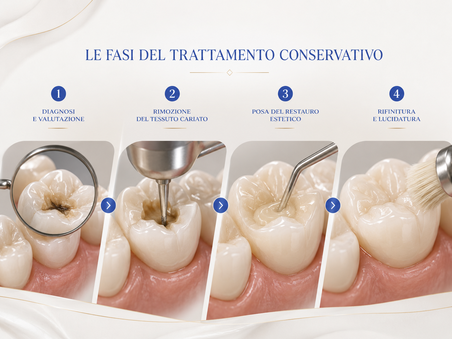 Fasi del trattamento conservativo per la cura della carie dentale