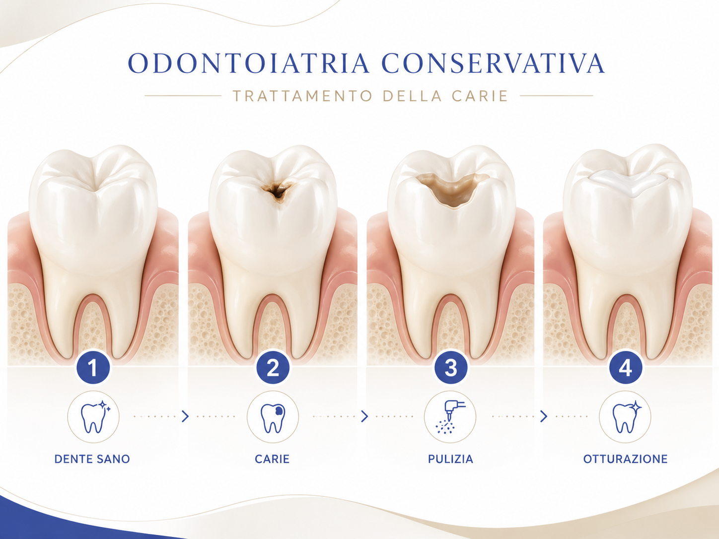 Illustrazione del trattamento della carie con odontoiatria conservativa