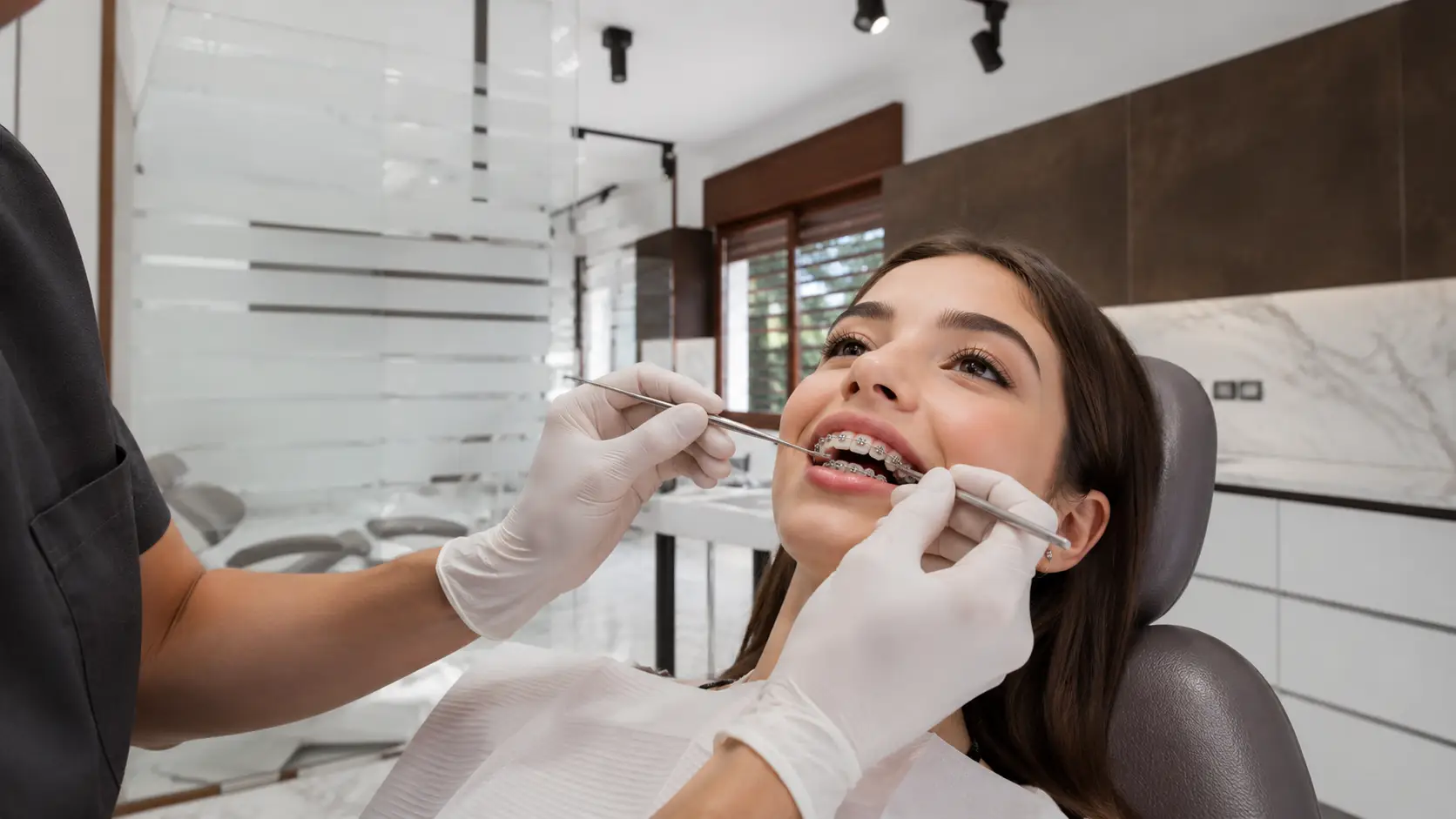Apparecchio fisso per denti durante controllo ortodontico