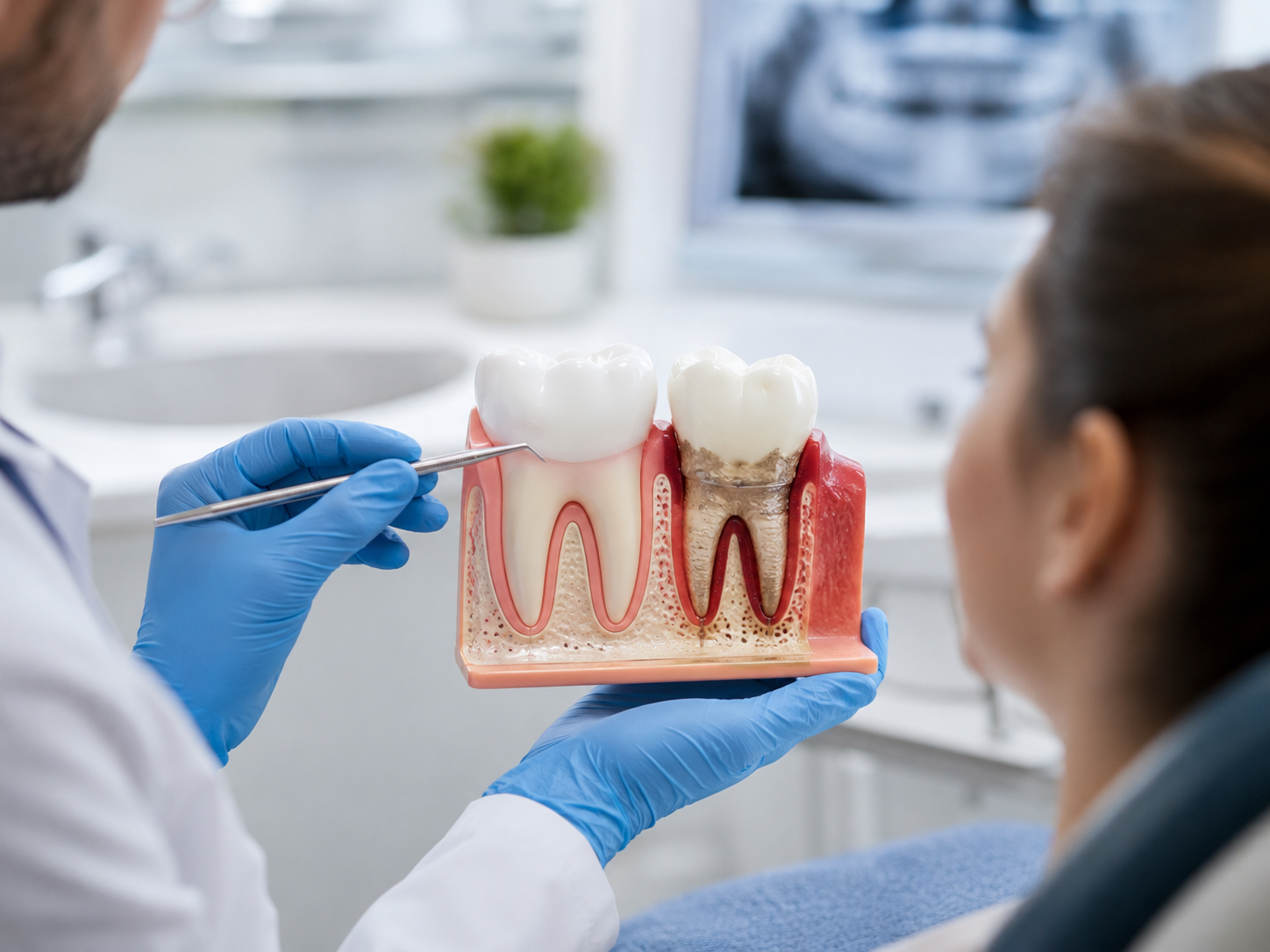 Illustrazione di gengivite e parodontite su modello dentale