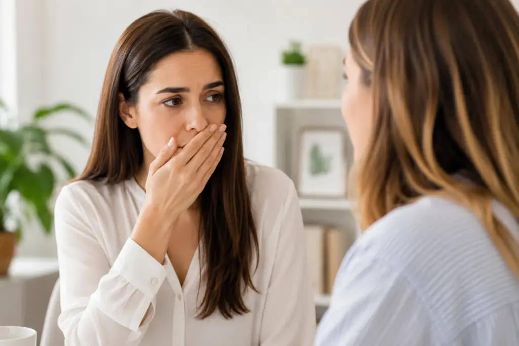 Donna che si copre la bocca durante una conversazione per il disagio causato dall’alito cattivo