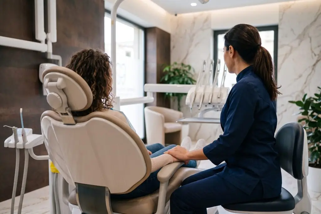 Primo piano delle mani della Dott.ssa Mistretta che confortano una paziente seduta di spalle, all'interno del Centro Odontoiatrico Ambra Mistretta a Castelvetrano.