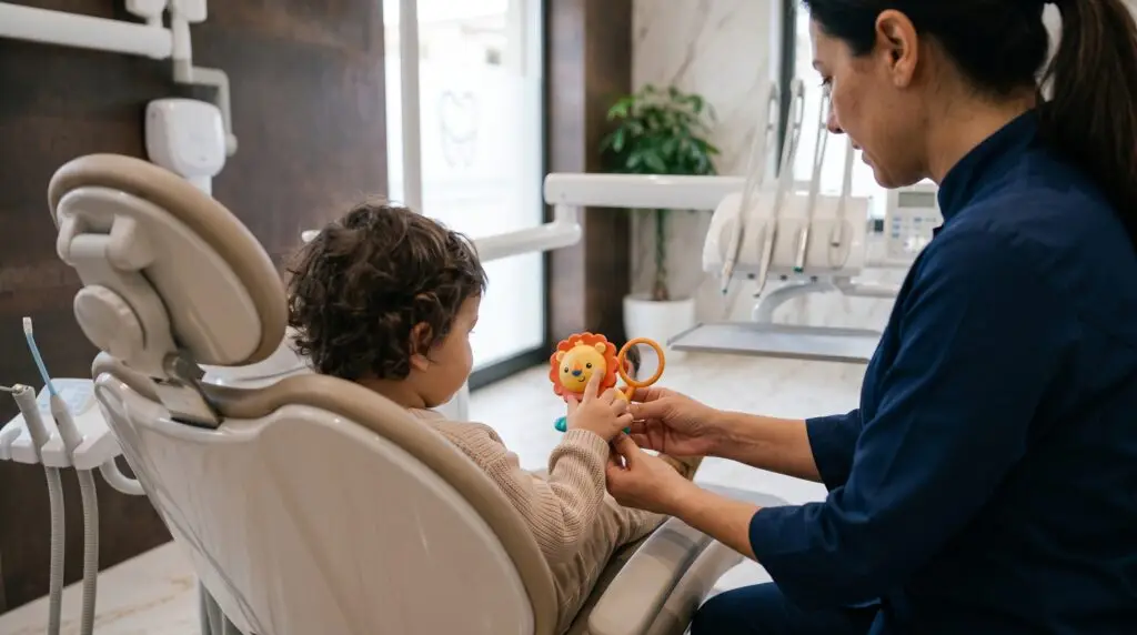Dott.ssa interagisce in modo giocoso con un bambino seduto sulla poltrona dentistica, durante una prima visita di pedodonzia al Centro Odontoiatrico di Castelvetrano.