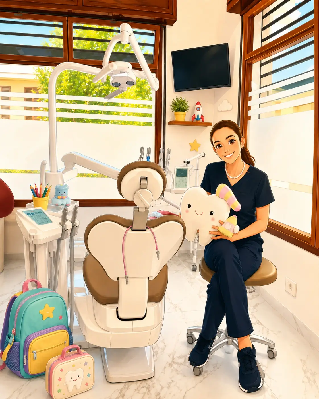 Dott.ssa Ambra Mistretta nello studio dentistico con ambientazione Back to School per bambini